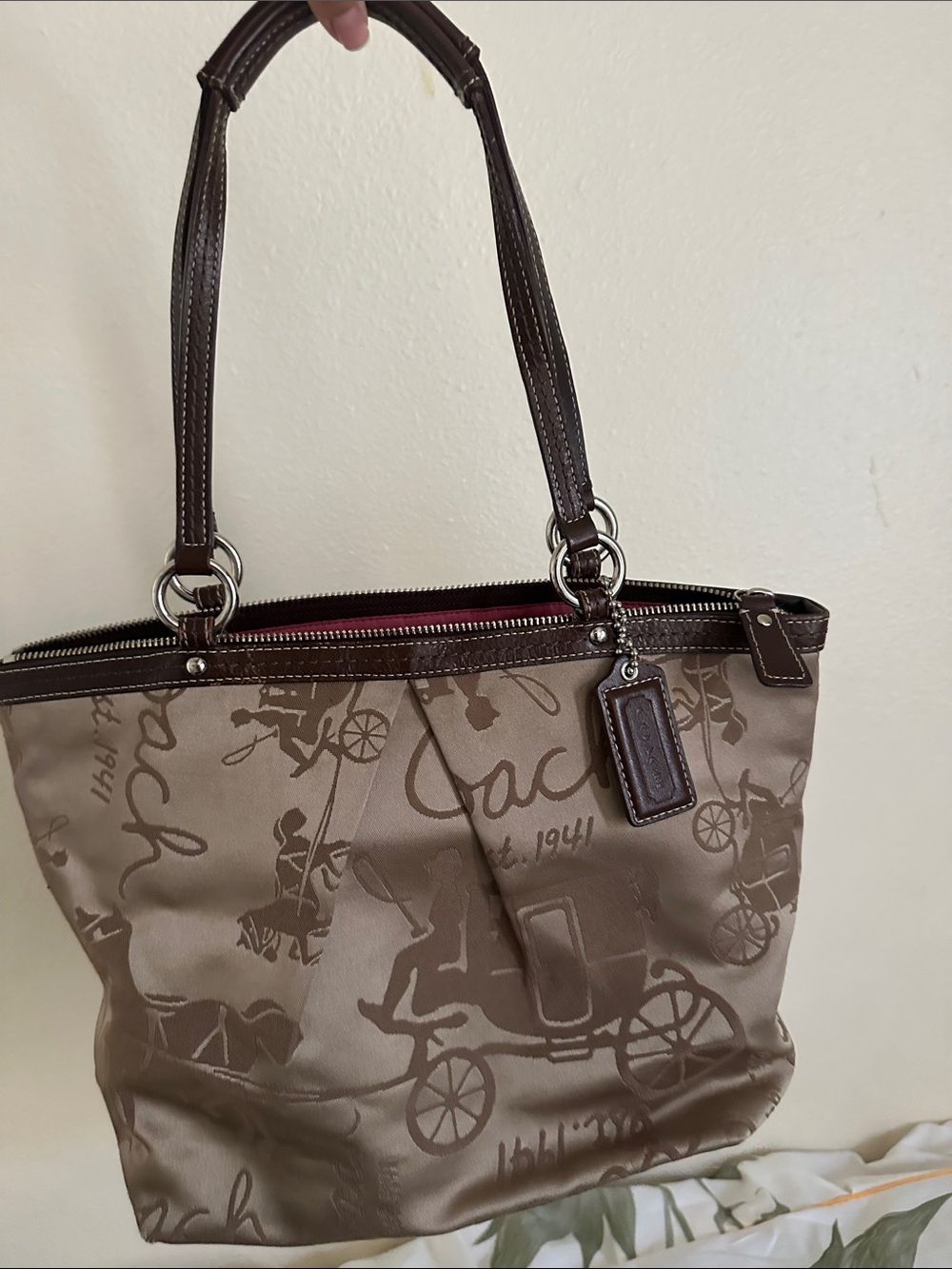 Coach Brown Signature Horse Carriage Tote with Dark Brown Trim